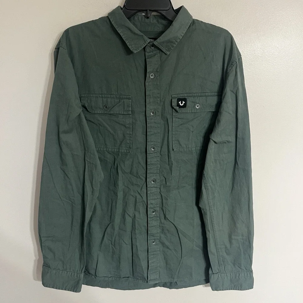 True Religion Dark Green Long Sleeve‎ Button Down Men's Shirt Size XL Y2K 90s